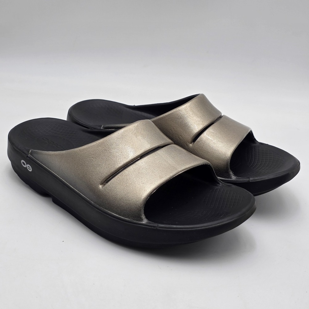 Oofos OOahh Luxe Sandals Gold Metallic Slides Shoes Recovery Women's Size 9